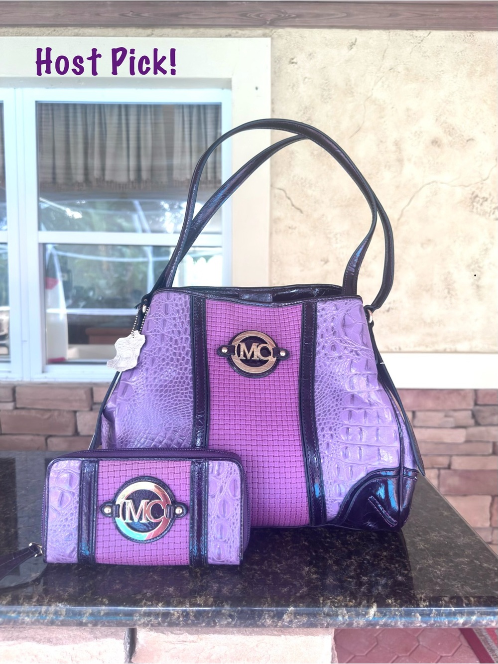 MADI CLAIRE ~ Bag and Wallet array of Purples distinctive mock crocodile texture